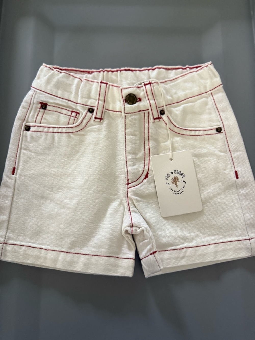 Kids White Denim Shorts with Red Stitching